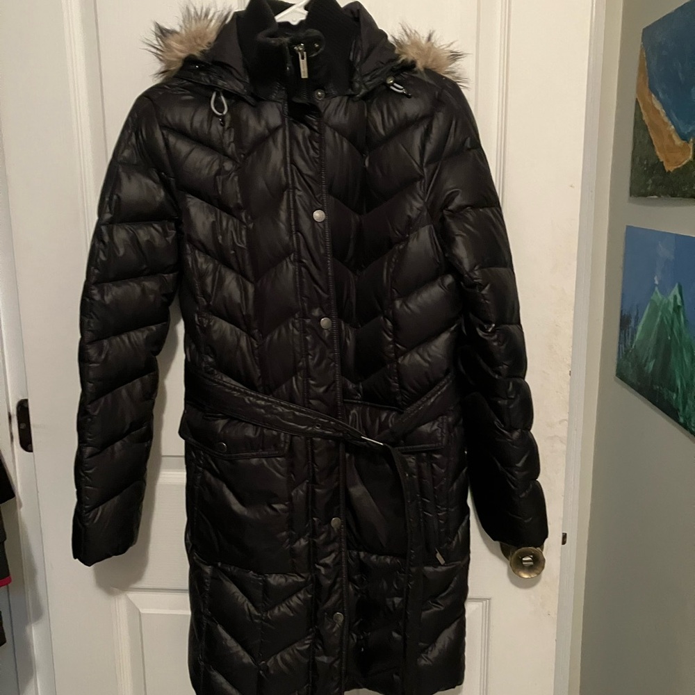 Lands' End Women's Black Puffer Coat with detachable Fur Hood size S